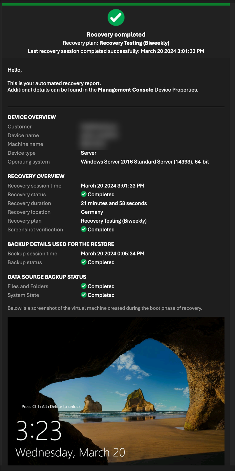Backup Recovery Testing Report Screenshot